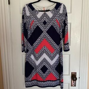 Beautiful Vince Camuto Geometric Patterned Dress - Navy, White, Coral.…